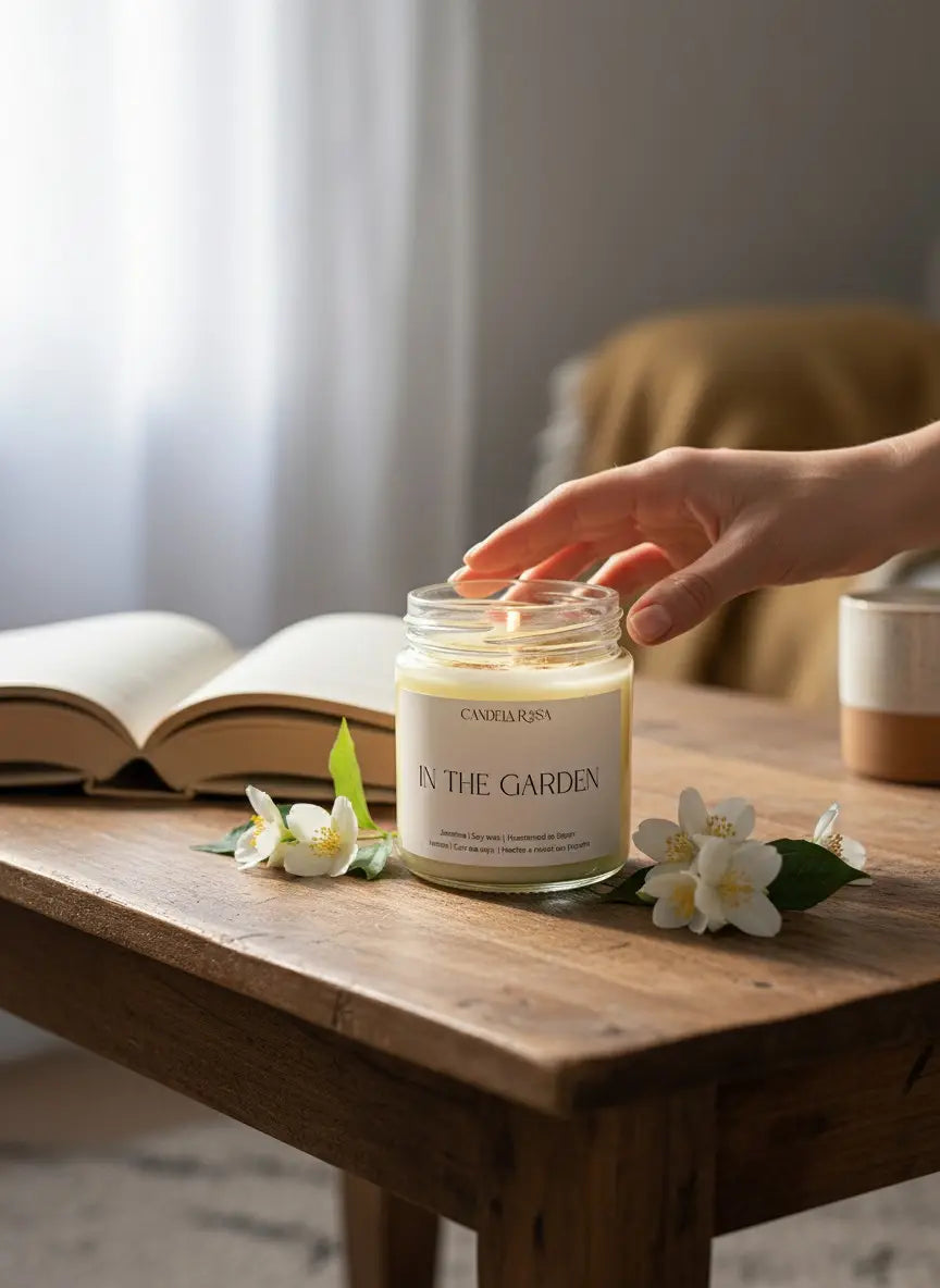 vela floral vela aromática de jazmín vela sin tóxicos candela rosa velas veganas sin disruptores endocrinos sin ftalatos sin parabenos velas naturales